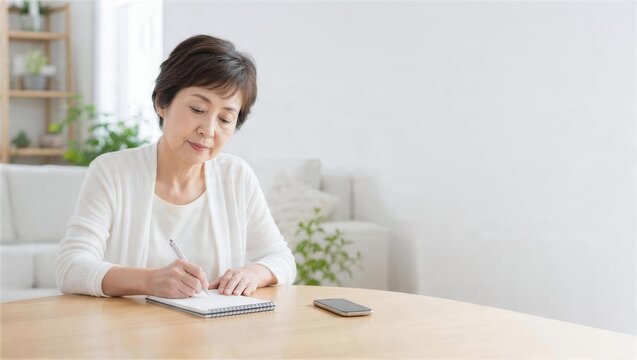 不審電話の内容をノートに記録するシニア女性