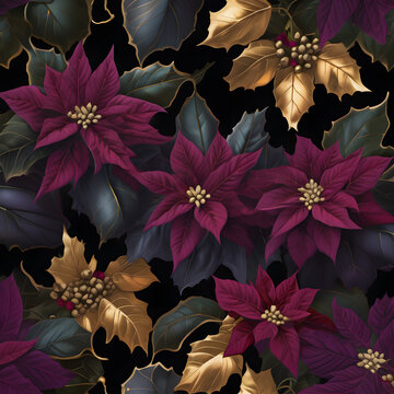 Luxurious seamless dark botanical pattern with dark plum and golden poinsettia flowers on black background
