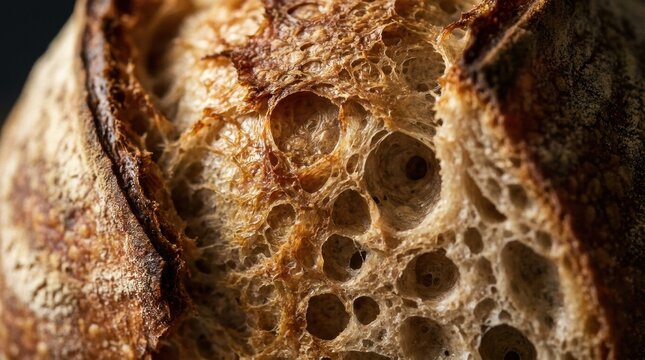 Artisan Sourdough Bread Macro: A close-up, macro view showcases the intricate texture of a perfectly baked artisan sourdough loaf, highlighting its rustic crust and airy crumb with a deep, warm hue.