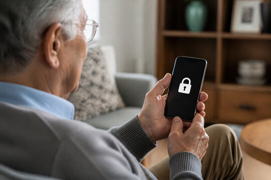 An older person holding a smartphone with a lock icon in a living room setting.