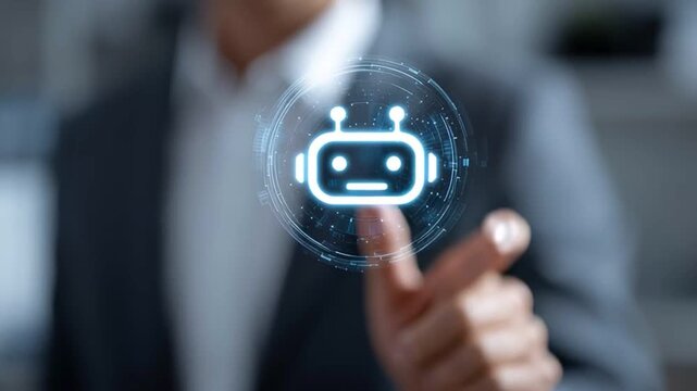 Artificial intelligence robot icon hologram hand touch interface business concept with blurred background futuristic technology