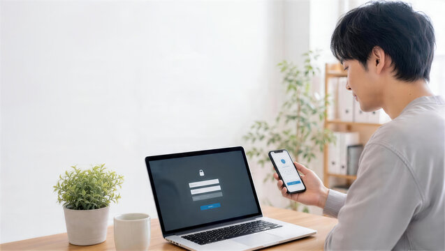 在宅勤務でスマートフォンを使い多要素認証する男性
