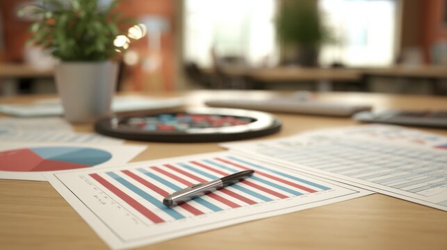 Close-up of business documents with colorful data charts and graphs on wooden table with pen and blurred office background featuring green plant and workspace elements