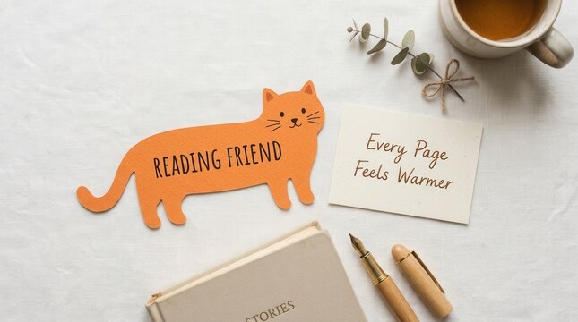 Cozy reading setup with a cute orange paper cat cutout and inspirational quote card on white linen surface alongside a vintage fountain pen and warm tea cup, perfect for book lovers and hobbyists now.
