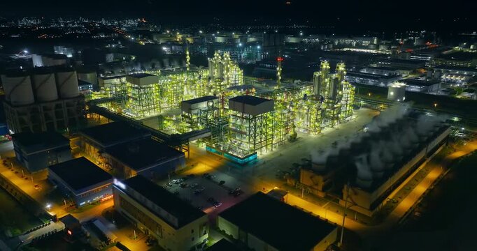 Aerial view of a large chemical plant and oil refinery illuminated at night with cooling towers and complex industrial infrastructure.