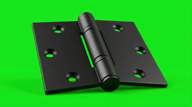 Matte black heavy duty metal door hinge on green screen