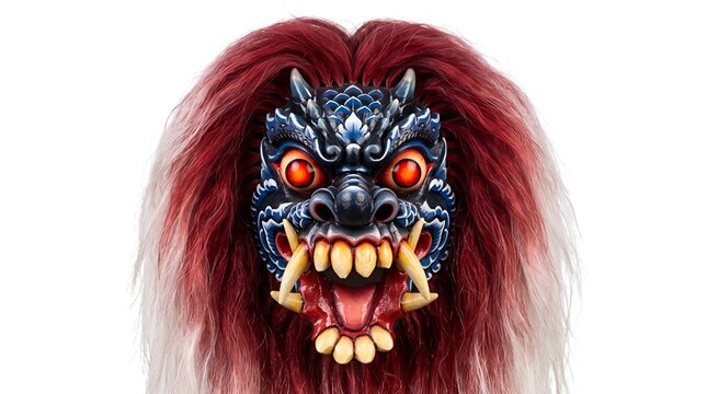 Fierce Balinese Barong Mask with Red Fur Mane.
