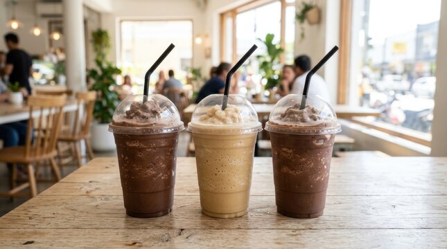 Three delicious iced chocolate and coffee frappes stand on a wooden table in a bright cafe, perfect for refreshing summer drink concepts and showcasing social gatherings at a local coffee shop online.