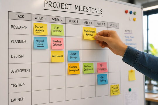 A project milestone chart is displayed on a whiteboard in an office setting.