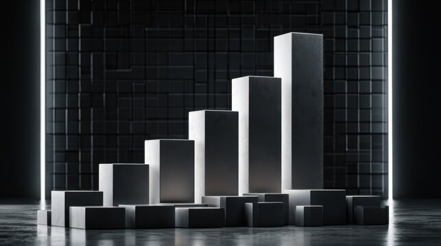Monochrome minimalistic ascending bar graph composed of seven rectangular blocks in a dark industrial setting with dramatic lighting and textured background