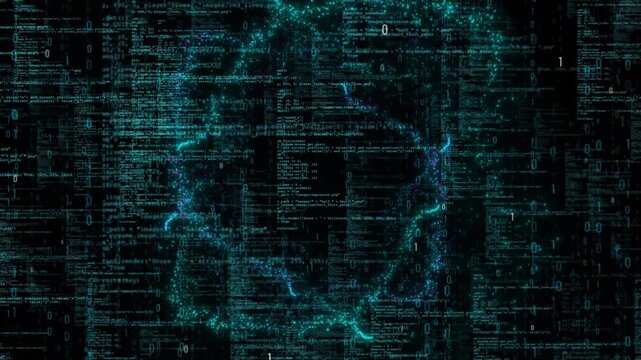 Cyber world data sphere visual with glowing teal globe lines, code panels, and falling binary numbers. Perfect for global technology videos, network security intros, cloud promos, and overlays.