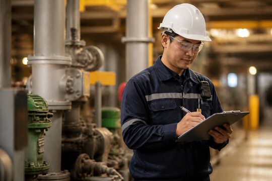 A worker in a hard hat reviews documents inside an industrial facility.