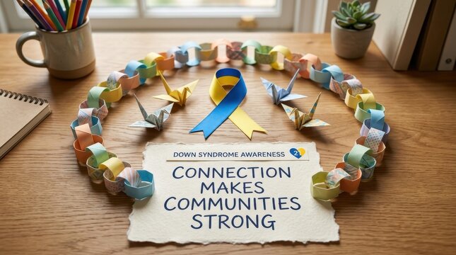 Yellow and blue awareness ribbon for world down syndrome day on wooden desk with paper chain and origami cranes symbolizing community connection and support for people with trisomy 21 and