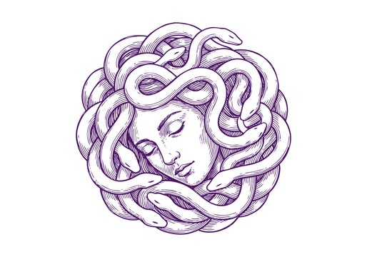 Vintage Medusa Vector Illustration Hand Drawn Greek Mythology Gorgon Monster Snake Hair Black And White Engraving Line Art Sketch For Gothic Tattoo Flash And Graphic Design