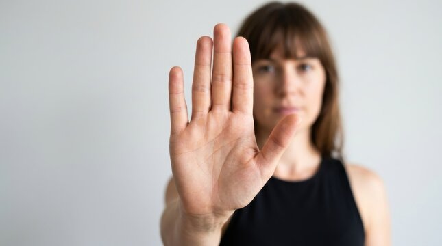 Focused close up of a womans hand showing a stop gesture with palm facing forward, symbolizing refusal, security, and setting personal boundaries in a clear studio setting for various social concepts.