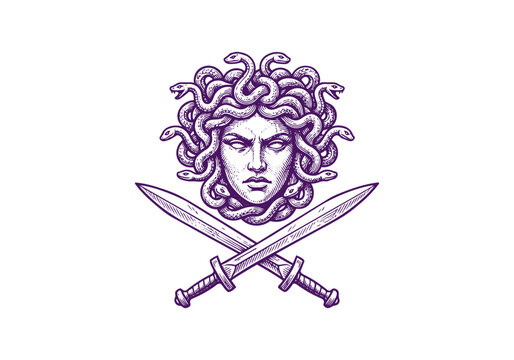 Vintage Medusa Vector Illustration Hand Drawn Greek Mythology Gorgon Monster Snake Hair Black And White Engraving Line Art Sketch For Gothic Tattoo Flash And Graphic Design