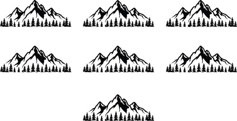 Black silhouette of jagged mountain peaks and pine trees  © MDRAJU