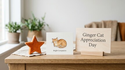Naklejka na ściany i meble Ginger Cat Appreciation Day wooden sign and illustrated feline card placed on a rustic wooden table with star decor and green indoor plants, perfect for celebrating orange tabby pets at home right now