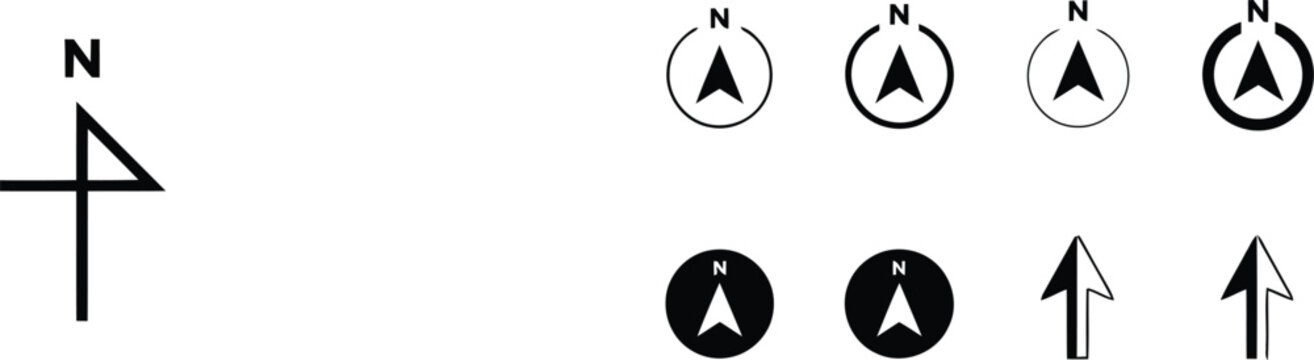 Collection of black and white north direction compass symbols and arrows