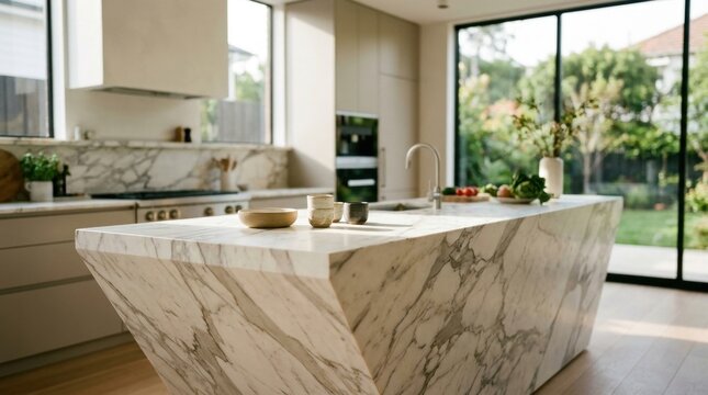 Modern Marble Kitchen Island: A stunning contemporary kitchen showcases a uniquely sculpted marble island, a focal point of sophisticated design.