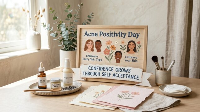 Aesthetic wooden table displays skincare serum and moisturizer next to an Acne Positivity Day sign celebrating diverse skin types and promoting self acceptance within a bright and minimalist settings.
