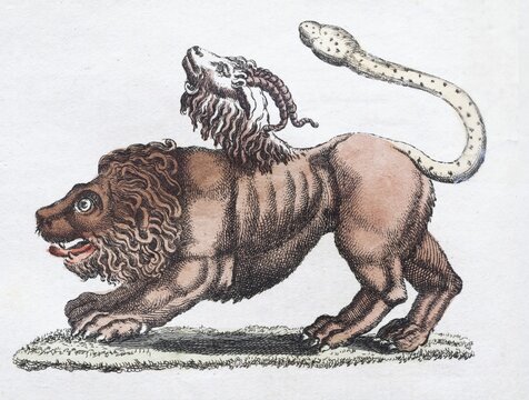 Chimera or Chim&auml;ra, mythical creature, hand-coloured copperplate engraving from Friedrich Justin Bertuch's picture book for children, Vienna 1801