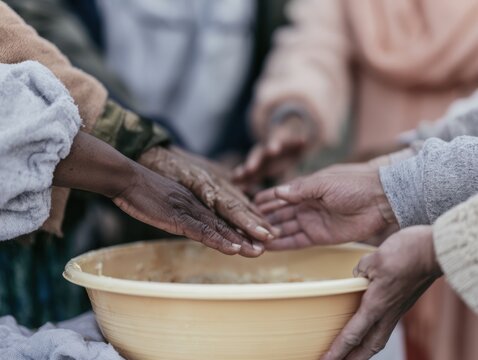 Diverse hands reaching toward a shared food bowl with a soft airy mood and textured fabric for humanitarian aid and communal caring concepts