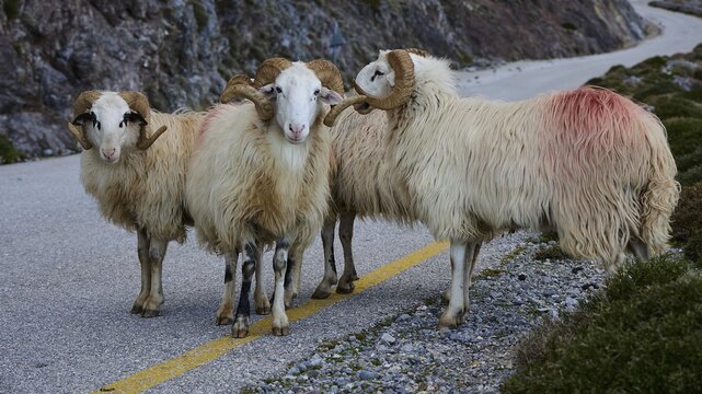 Three sheep with curled horns grazing next to dense bushes in the mountains, Kallikratis, Kallikratis Gorge, Sfakia, West Crete, Crete, Greek Islands, Greece