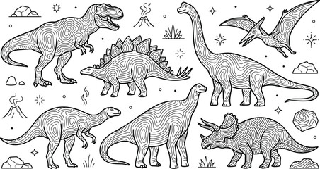 Dinosaur line art vector icons set with prehistoric t-rex triceratops stegosaurus and jurassic volcanic landscape elements pattern © Hafizul