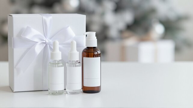 Skincare products in bottles with dropper and pump standing near white gift box on white surface