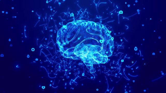 Digital healthcare brain visual with blue glowing anatomy, medical icons, and science interface particles. Perfect for health videos, brain research explainers, hospital promos, and motion overlays.