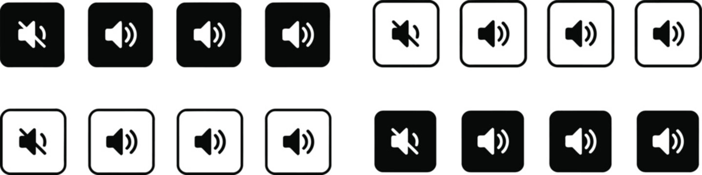 Muted and unmuted speaker in black and white rounded squares speaker volume mute sound audio control