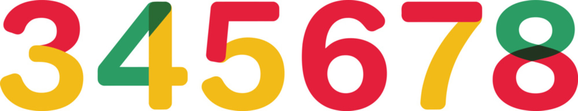 Red yellow and green numbers two through eight with overlapping shapes