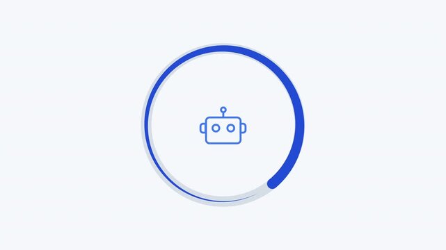 Minimal flat vector animation of a blue circular progress indicator surrounding a robot icon, clean white background, and smooth loading motion for digital technology concepts.