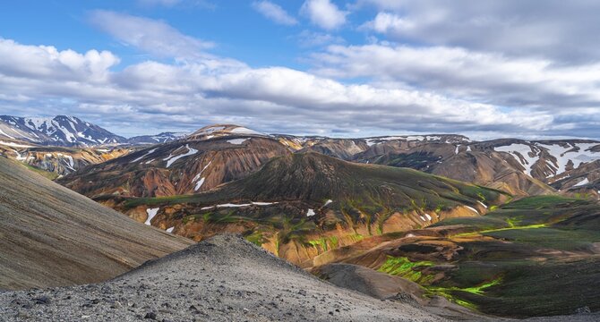 View from Bl&aacute;hn&uacute;kur, Landscape panorama, Dramatic volcanic landscape, Colourful erosion landscape with mountains, Lava field, Landmannalaugar, Fjallabak Nature Reserve, Su&eth;urland, Iceland