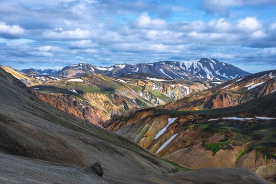 Landscape panorama, Dramatic volcanic landscape, Colourful erosion landscape with mountains, Lava field, Landmannalaugar, Fjallabak nature reserve, Su&eth;urland, Iceland