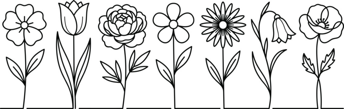 Floral line art icon set featuring wildflower tulip peony daisy poppy bluebell blossom stems continuous single horizontal line vectors