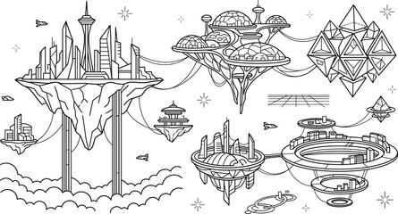 Futuristic sci-fi city line icon set featuring flying floating islands space colonies metropolis domes and spaceship vectors © Hafizul