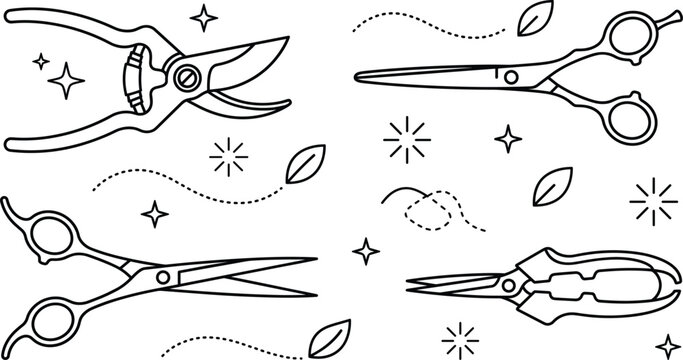 Garden pruner and hair shears line icon set featuring scissors clippers secateurs leaves and cutting tool outline vectors