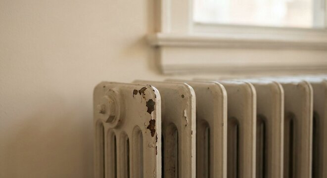 Old metal radiator with peeling paint and rust near a white wall and window in an interior room