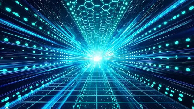 Futuristic Blue Digital Tunnel with Glowing Grid and Light Burst