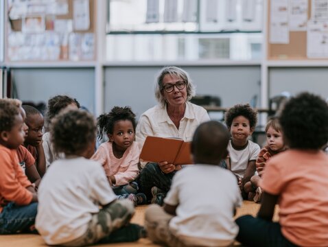 Senior woman holding an open book for a circle of attentive children in a soft, airy classroom setting for early childhood education and literacy