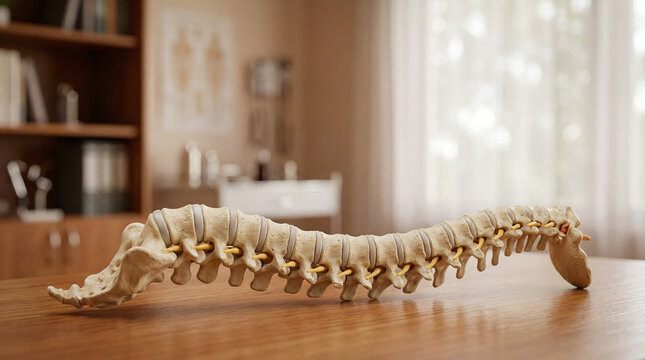 Detailed Anatomical Spine Model with Intervertebral Discs on Wooden Desk in Medical Office