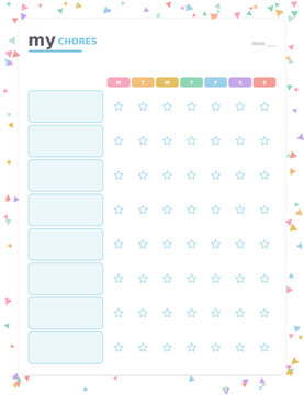 Kids chore chart, cute colorful pastel printable planner page template with checkboxes, confetti design to track daily routines, goals and self improvement, isolated vector illustration