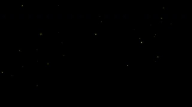 Small golden fireflies drift through a dark night sky, creating a magical and luminous effect perfect for ethereal background overlays.