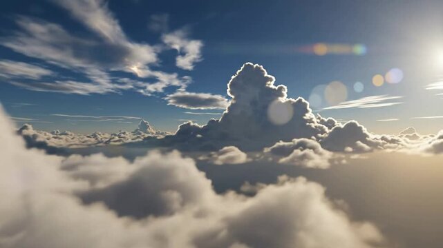 Majestic White Cloud Formation Drifting Through Bright Blue Sky with Sun Flare
