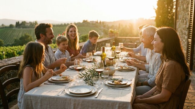 Family Gathering at Sunset: A multi-generational family shares a joyous al fresco dinner, bathed in the golden light of the setting sun, surrounded by the rolling hills of a vineyard.