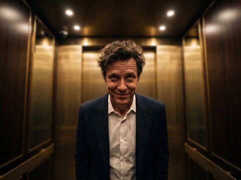 Confident man in suit smiling inside luxury golden elevator