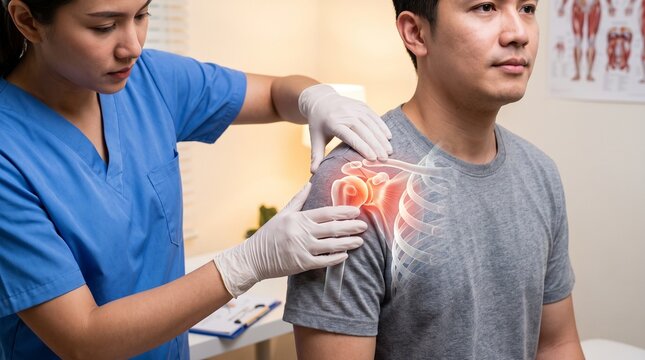 Doctor Examining Man's Shoulder with Pain Illustration