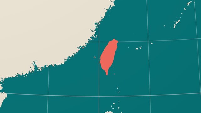 Taiwan map. Animated zoom into the country on the Globe in Teal Pale Mint color palette. Country logo animation. Map with meridians, parallels. Creative video.